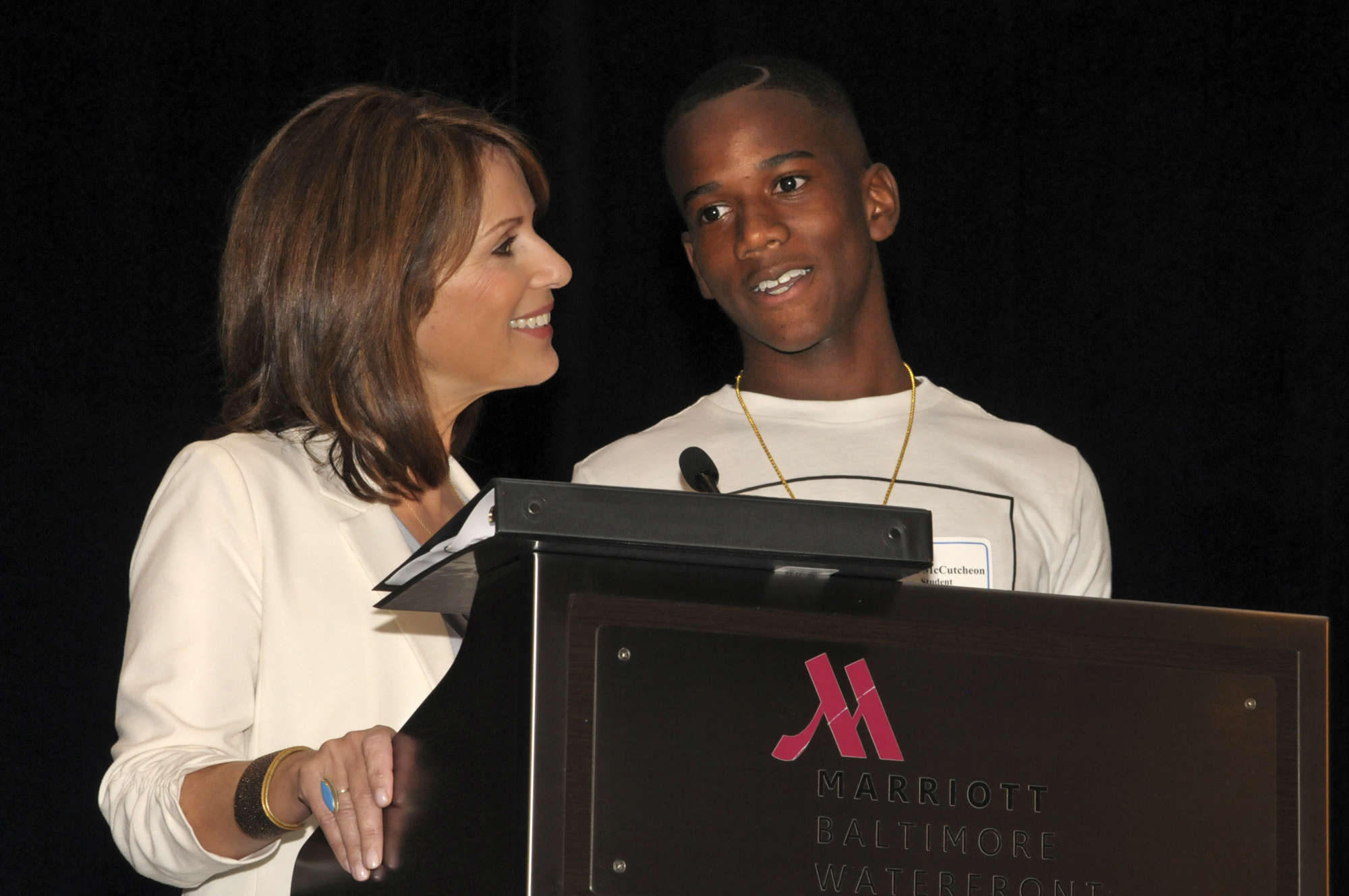Pictured (LtoR) Deborah Weiner, WBAL TV news anchor/reporter/evening emcee; and Savion McCutcheon, DTP student (Photo by Studio Z Photography, courtesy Dyslexia Tutoring Program)