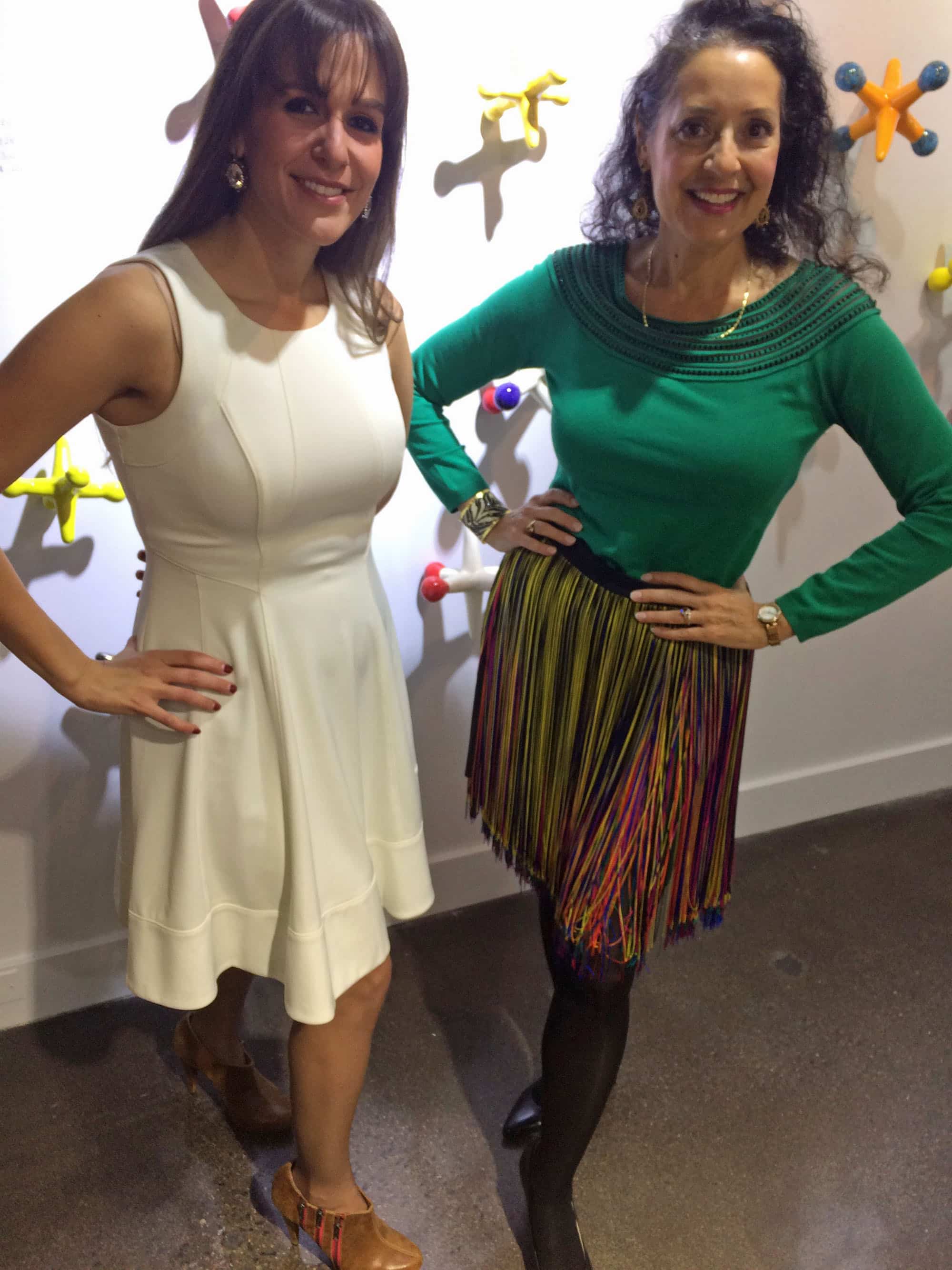 And a parting shot with Katie and me. Remember that Christopher Kane skirt I posted a few weeks ago? Well, here’s another one. The former is more elegant, this one more fun. Those multi-colors go with everything! My green top is from Boston Proper. Katie’s fit-and-flare dress is from White House/Black Market.